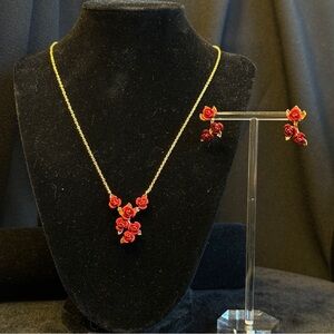 Romantic Red Roses Dangle Earrings and Lavalier Necklace Set 14K Gold Plated